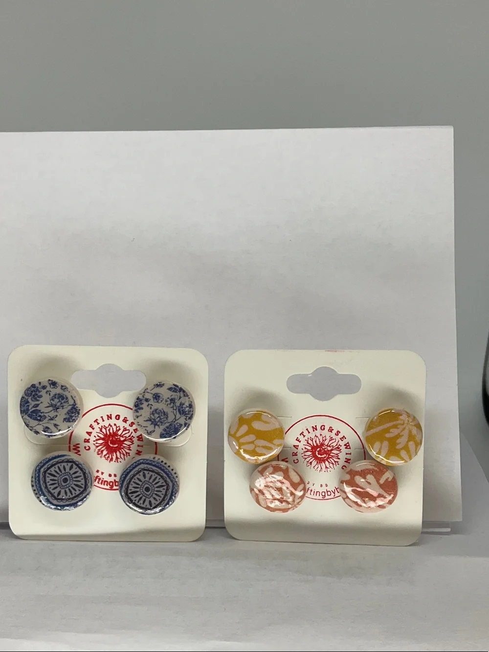 Set of Ceramic Button Stud Earrings - Blue & Yellow/Peach Floral